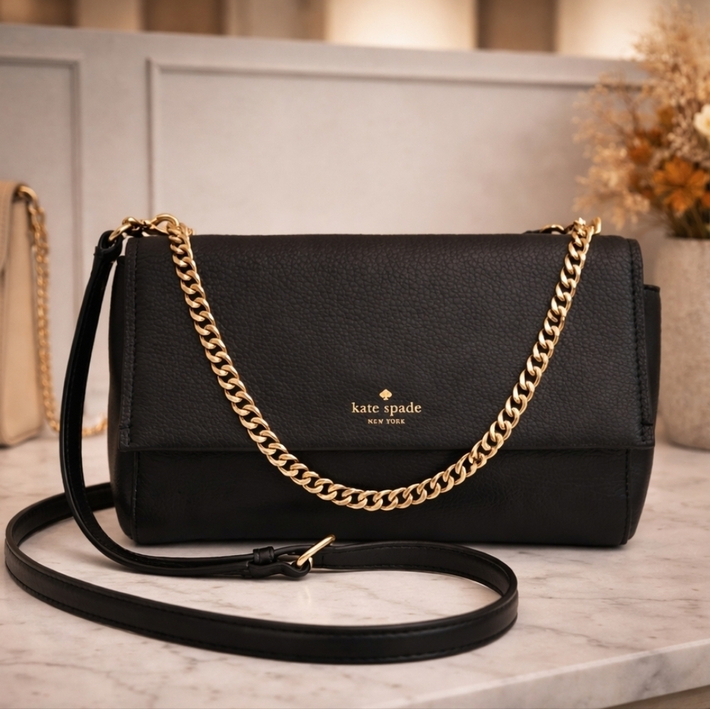 KATE SPADE BLACK CLUTCH CROSSBODY SHOULDER BAG CARSON CONVERTIBLE GOLD CHAIN